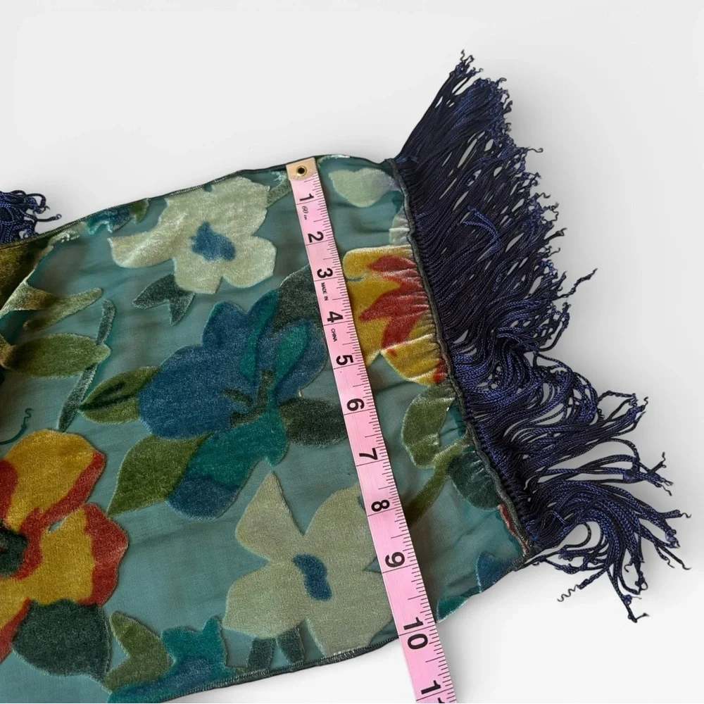 Vintage Multicolor Sheer Floral Velvet Burnout Scarf Fringe Boho Romantic